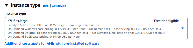 AWS EC2 instance type selection showing c7i-flex.large with 2 vCPU and 4 GB RAM